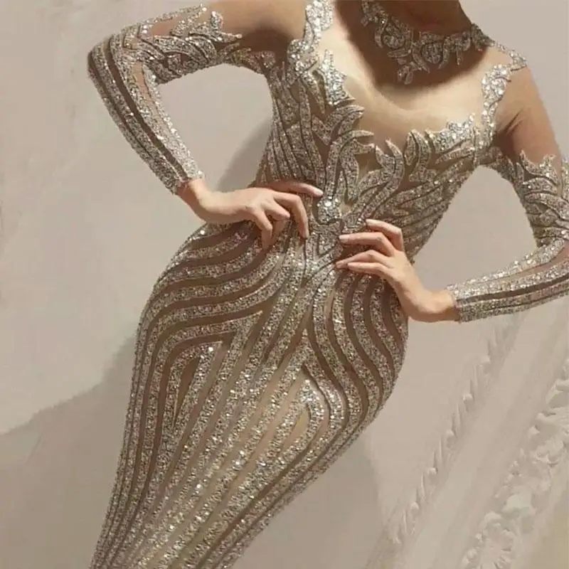 2023 New in Women Elegant Formal Dresses Sequins Hollow Out Long Sleeve Sexy Fashion skims luxury Evening Party Gown