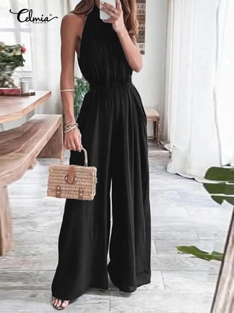

Celmia Back Zipper Sleeveless Long Rompers Women Summer 2022 Fashion O-neck Jumpsuits Gathers Waisted Sexy Wide Leg Pant Overall