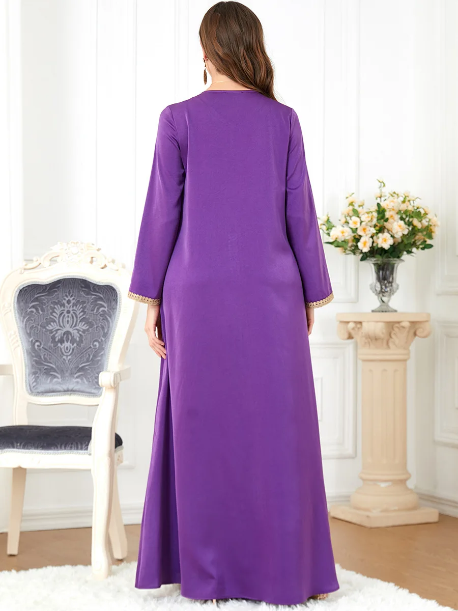 Women Ramadan Muslim Noble Purple Pearl Embroidered Skirt Turkish Indian Abaya Arab Islamic Woman Moroccan Kafutan Gown
