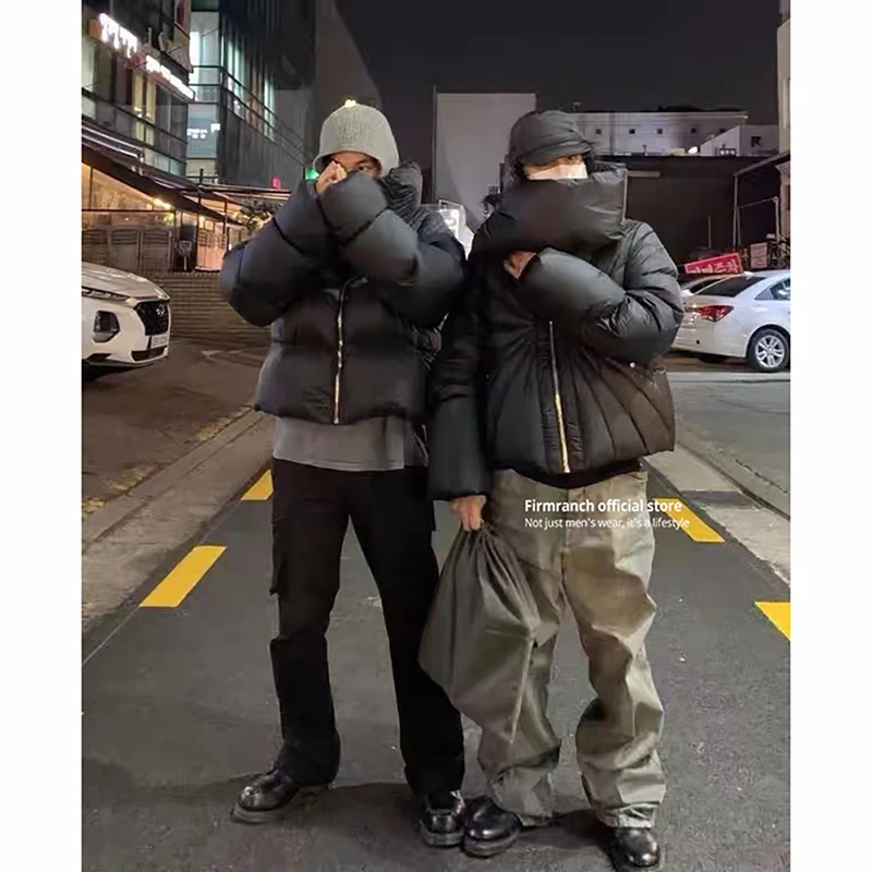 

Firmranch Winter RO Black Thick Cotton-padded Jackets With Scarf Collar Detachable For Men Women Wadded Bread Coat Loose Parkas