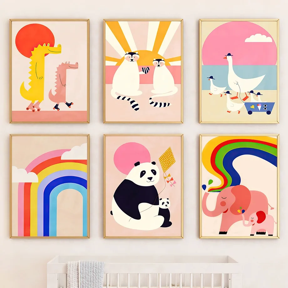 Красная панда слон утка динозавр радуга фото настенная живопись на холсте