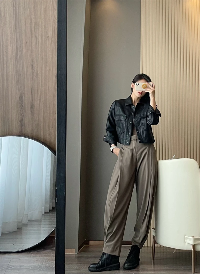 brown short women leather top girl slim Vintage short high lapel pocket leather jacket jacket women