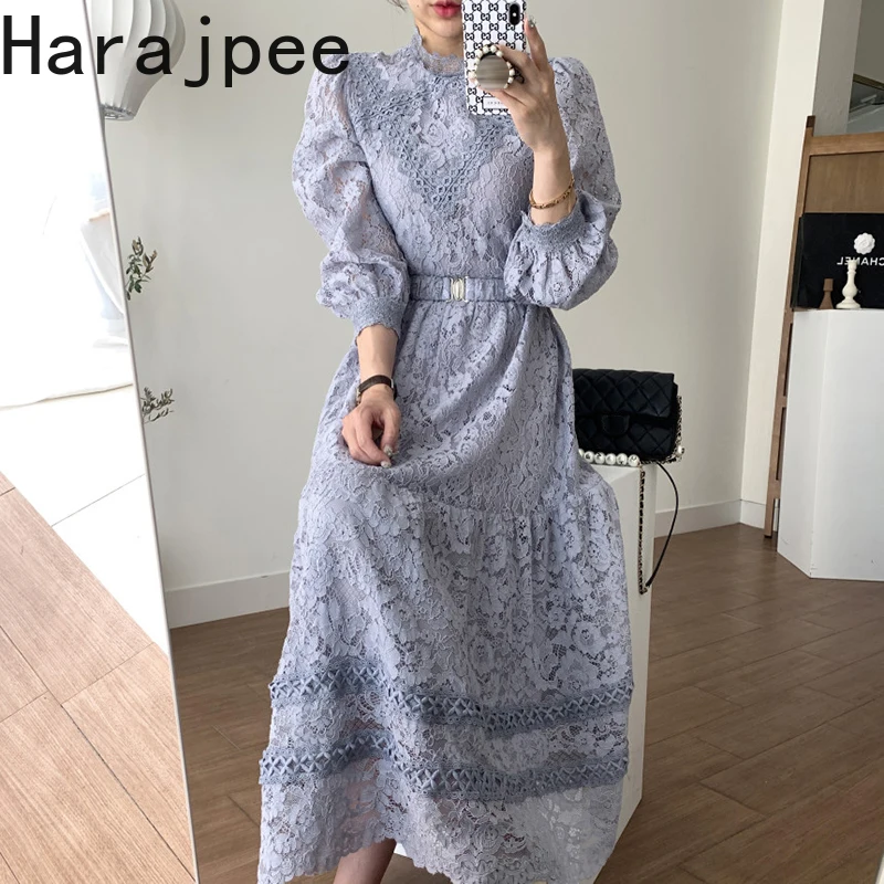 

Harajpee Palace Style Dress Lace Crochet Retro O-neck High Waist Loose Puff Sleeve Commute Solid Nine Points Sleeve Spring New