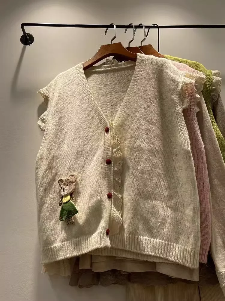 Mori Girl Япония модный кружевной лоскутный вязаный свитер жилет женский осенний