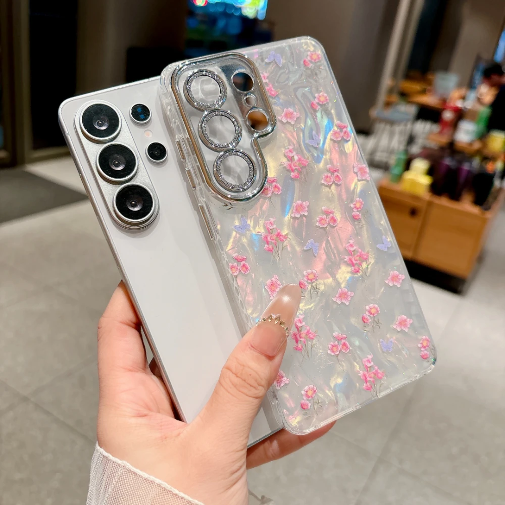 Фото Роскошный чехол для телефона с блестящим узором и цветами для Samsung S 22 23 24 25 26 Ultra Plus, мягкий противоударный защитный чехол для объектива IMD №5