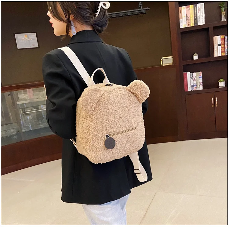 

New Arrival Women Girls Cute Bear Ear Fleece Small Backpacks Casual Warm Lambswool Daypack Bags Shoulder Bags Backpacks