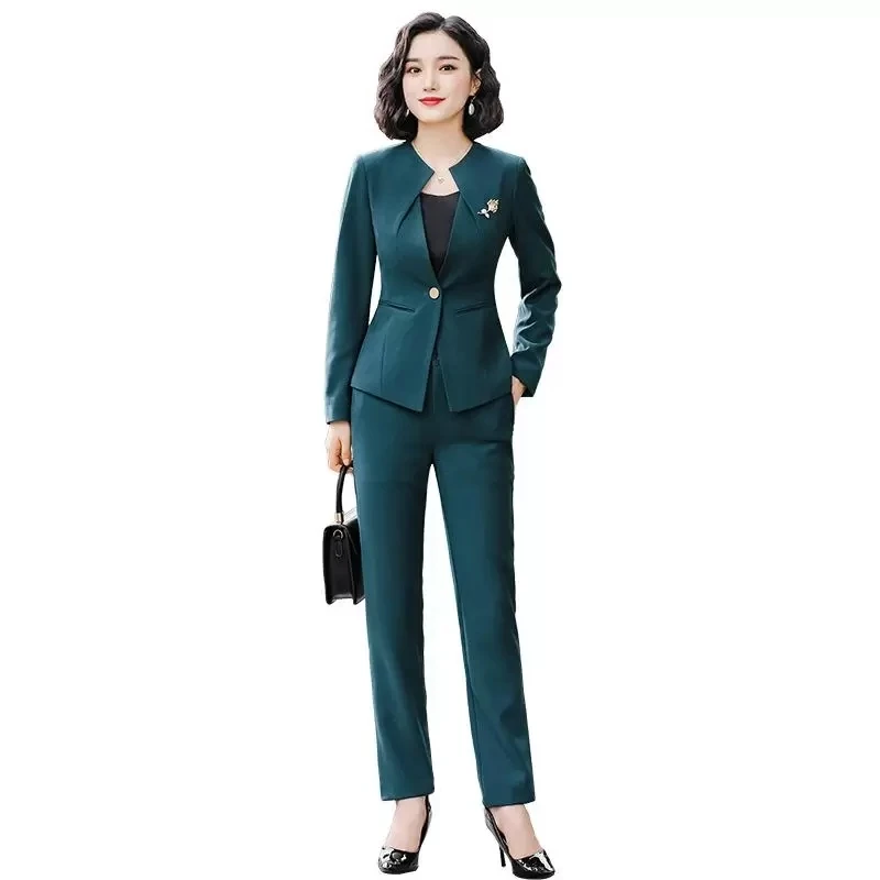 Women's 2 Piece Suit Jacket Pants Single Button Ruffle  Blazer Slim Fit Temperament Formal Female Set