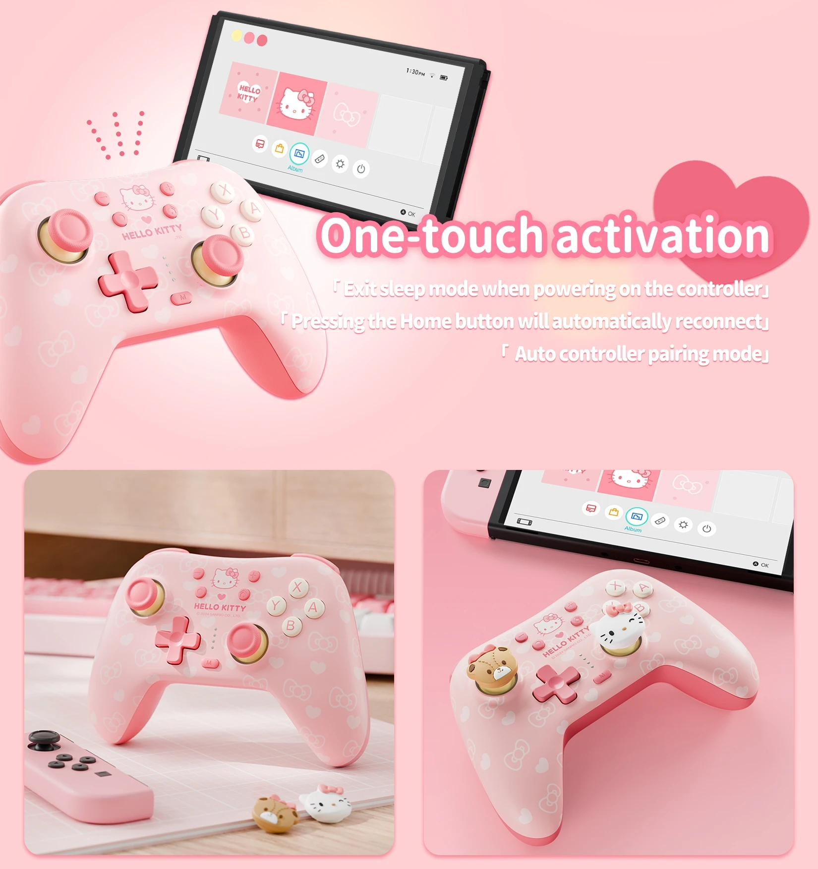 Контроллер GeekShare Cute Pink Kitty Dual Sense с ручками для большого пальца совместимый PS5/Switch/PC