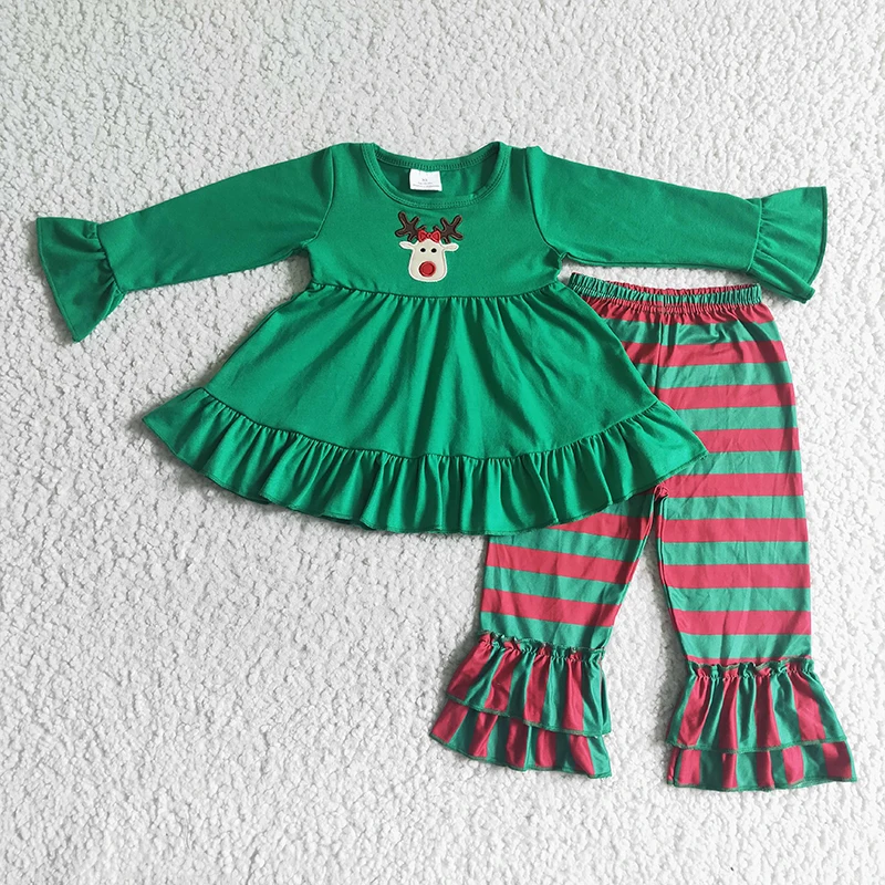 

Boutique girls ruffled christmas pants outfit embroidered elk green tunic top legging two piece set matching kids clothing set