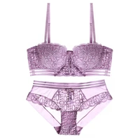 roseheart for women purple lace trim mesh padded bras bralette cotton panties push up sexy lingerie set underwear underwire