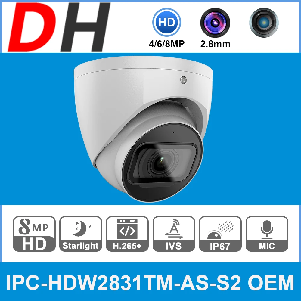 

Камера видеонаблюдения Dahua, 8 Мп, 4K HD IP-камера, IPC-HDW2831TM-AS-S2 PoE IR HDW2431TM-AS-S2, встроенный микрофон, слот для SD-карты, камера видеонаблюдения