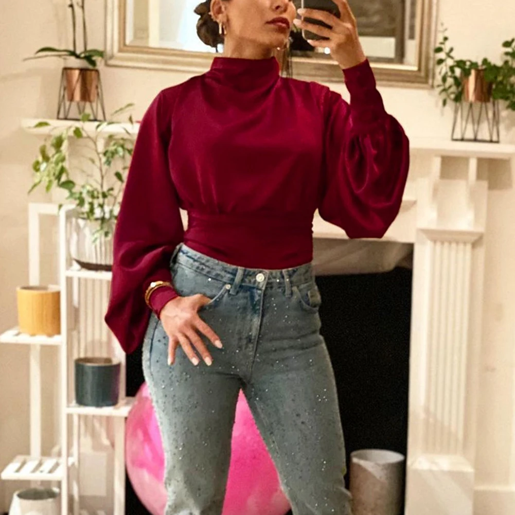 

New Women Autumn Bishop Sleeve Pullover Backless Turtleneck Long Sleeves Blouses Sexy Elegant Solid Blouse Tunic Shirt Top