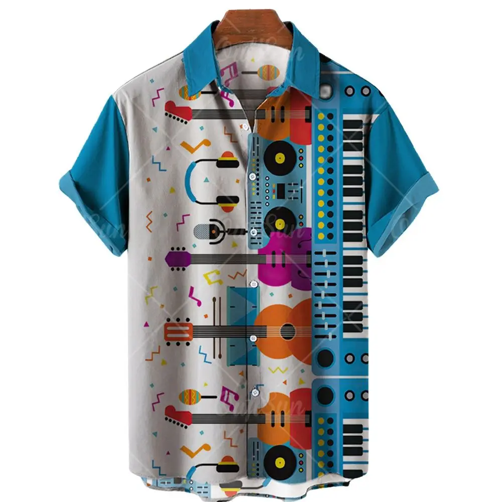 

Модная рубашка с принтом музыкальных инструментов, Повседневная Удобная рубашка в гавайском стиле с коротким рукавом, уличная одежда больш...
