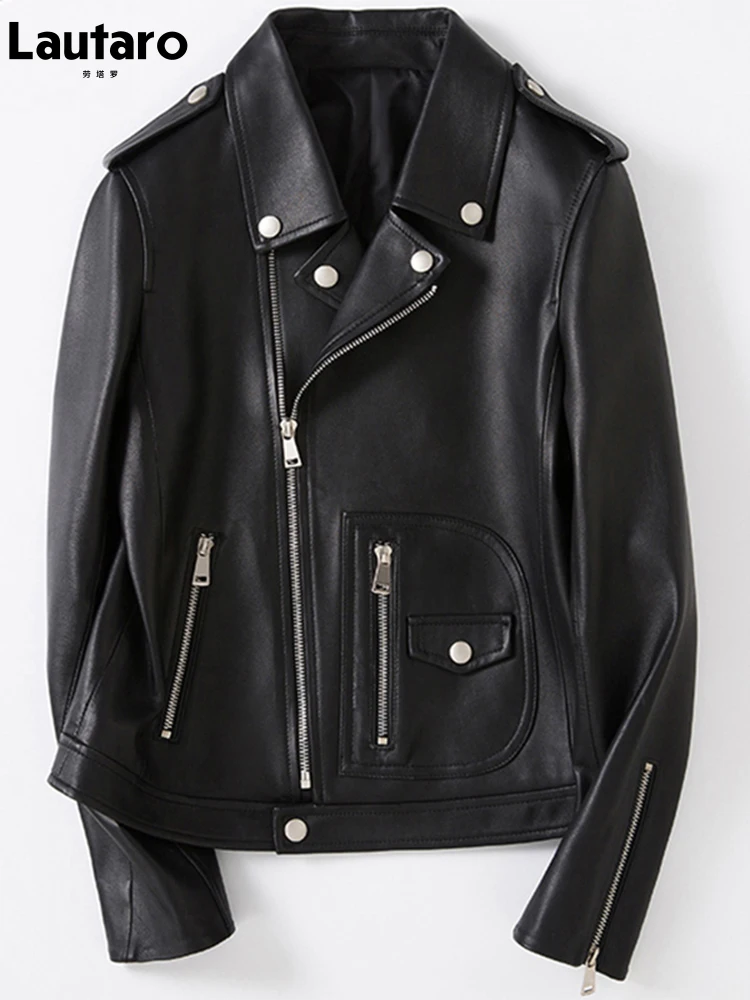 

Lautaro Spring Autumn Short Black Soft Faux Leather Biker Jacket Women Zipper Long Sleeve Loose Cool Outerwear Fashion 2022