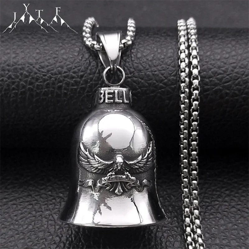 

American Eagle Motorcycle Bell Necklace Men Stainless Steel Silver Color Animal Engine Exorcism Bells Necklaces Jewelry NZZ363