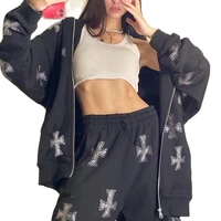 new y2k zipper cardigan suit european american womens clothing 2pc set loose hooded hip hop rhinestone joggers sweatshirt women