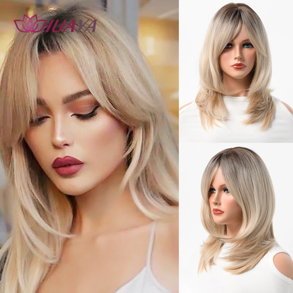 

Synthetic Long Straight Layered Hairstyle Ombre Black Brown Blonde Full Wig For Women Middle Part With Radian Bangs Cosplay Hair