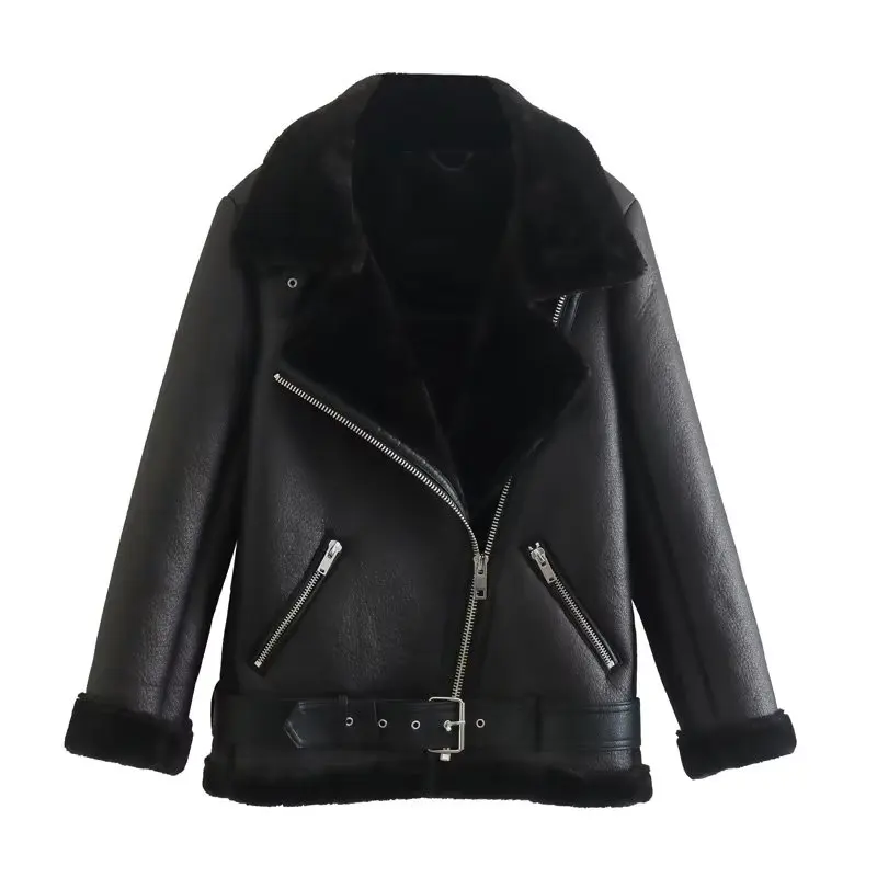 

Women's Fashion Thick Warm Winter Fur Faux Leather Cropped Jacket Coat Vintage Long Sleeve Female Outerwear Chic Top Mujer