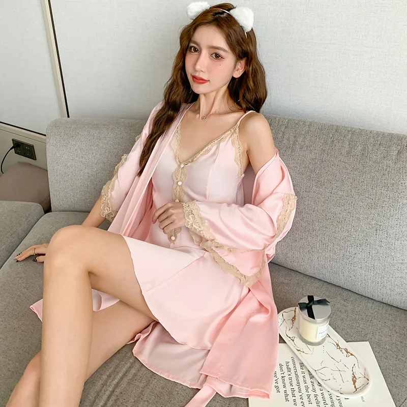 

Summer Robe Gown Sets for Women Intimate Sleepwear Sexy Lace Trim V-Neck Nightgowns Female Brides Bridesmaid Wedding Robe Gown