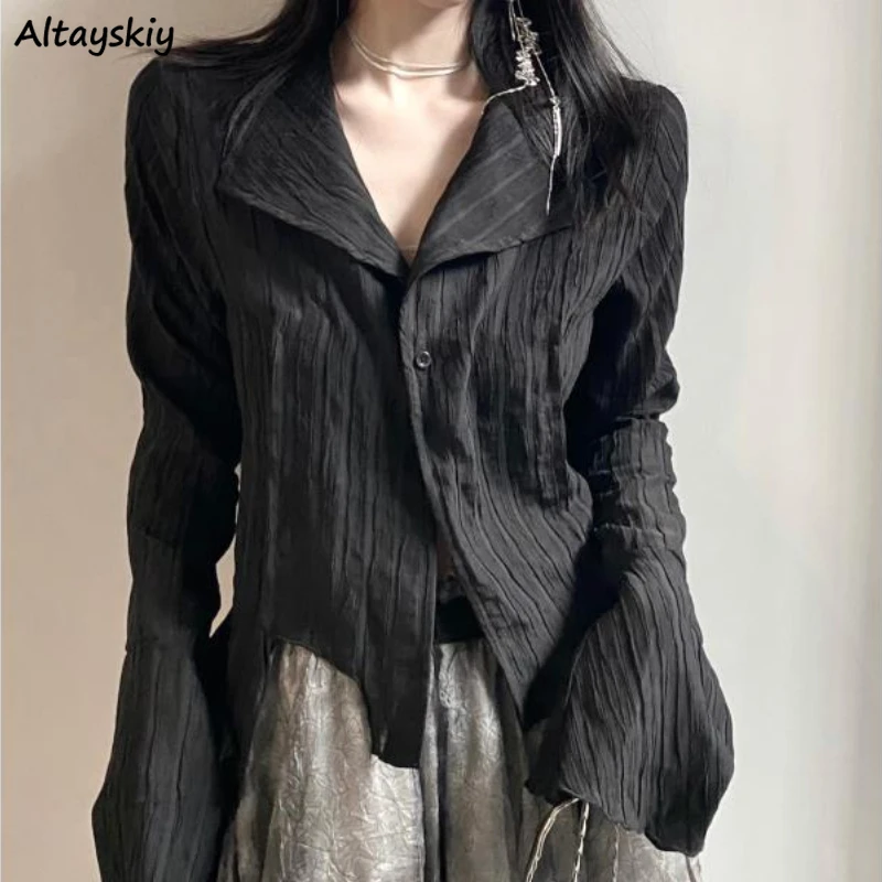 

Shirts Women Slim Retro Autumn Inside Basic Single Breasted Notched Collar Unique Design Cool Chic Flare Sleeve Ulzzang Casual