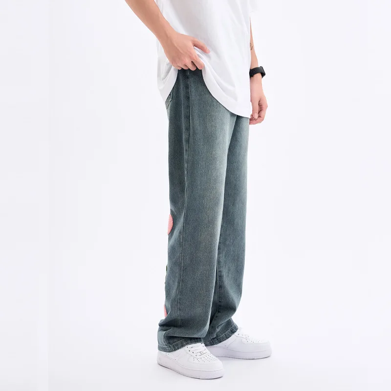 Men's Four Seasons American High Street VIBE Design Sense Embroidered Tide Brand Loose Straight Casual Denim Trousers Streetwear