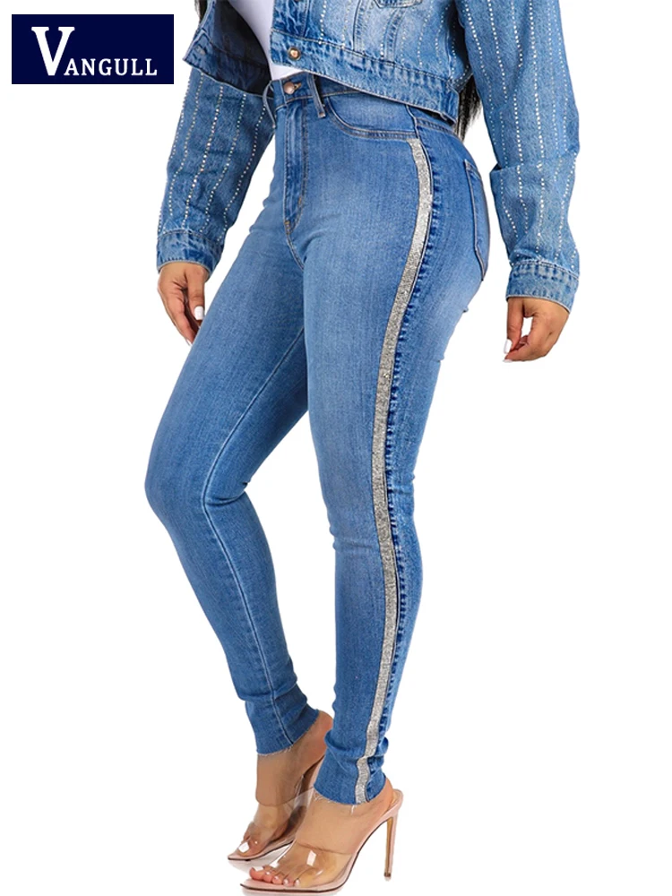 

Vangull модные облегающие джинсы с боковой полосой, женские синие облегающие джинсы-карандаш со средней талией и золотыми блестками, женские в...