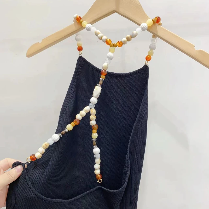 

2023 Spring and Summer New Halter Neck Black Knitted Sleeveless Women Dress