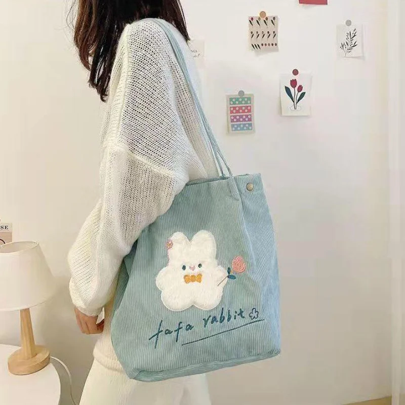 

Женская сумка Hylhexyr с вышивкой кролика, вельветовые сумки для покупок, Холщовая Сумка на плечо с магнитной застежкой, школьный портфель для студентов