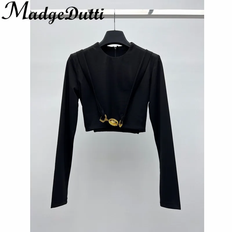

2.14 madgeDutti Fashion Metal Bandage Decoration O-Neck Long Sleeve Slim Black T-Shirt Women