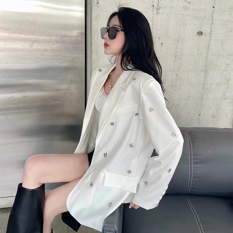 Heavy-Duty Letter Rhinestone Black Suit Jacket for Women Spring Autumn Leisure 2023 New High-Grade Suit Blazer Coat Top Commuter