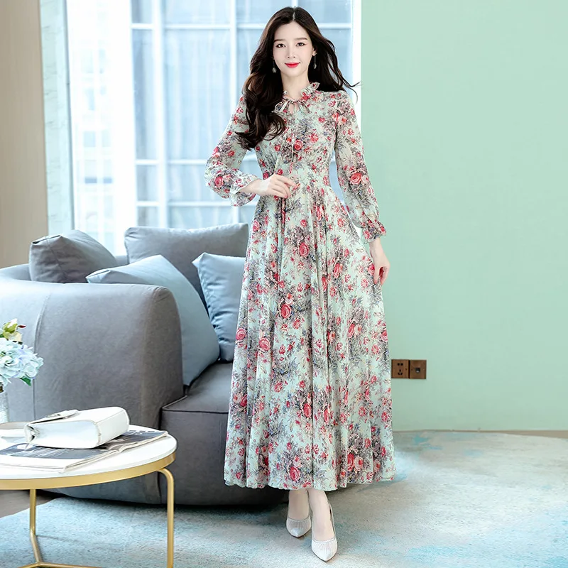Muslim Spring Autumn Floral Chiffon Ruffled Collar Maxi Dress Women Chic Casual Beach Dresses 2023  muslim long dress women