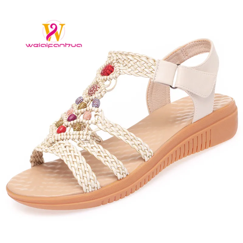 Women's Sandals Large Size2023New Soft Leather Mid Heel Beach Shoes Fashion Wedge Heel Flat Maternity Sandals Women Women Shoes