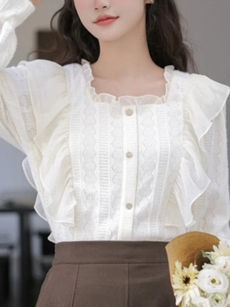 Осенние рубашки с оборками блузки корейские однотонные элегантные и молодежные