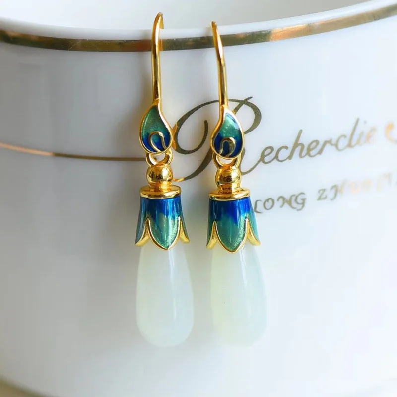 

Natural Hetian white jade earrings for women enamel craftsmanship light luxury ethnic style Eardrop Hanfu accessories jewelry