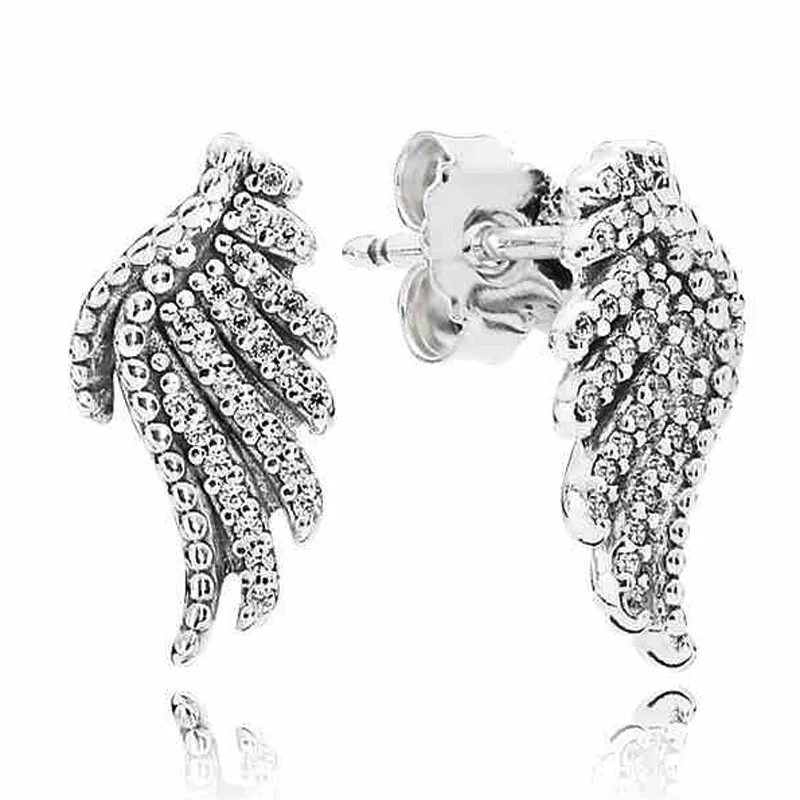 

Authentic 925 Sterling Silver Sparkling Majestic Feathers With Crystal Stud Earrings For Women Wedding Gift Fashion Jewelry