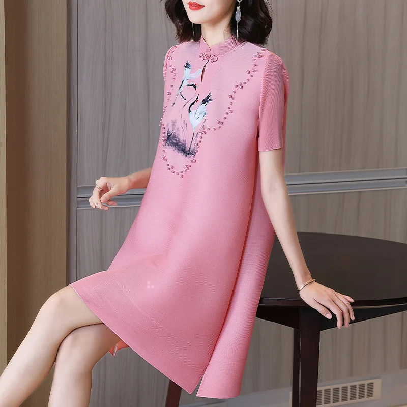 

Miyake Pleated Dress 2022 Women's Spring New Mother's Day Loose Plus Size Fashion Age-reducing Retro Print Women's Dress Women