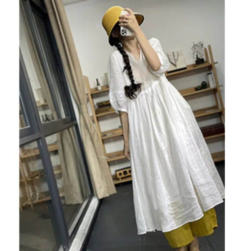 Женское длинное платье из хлопка и пеньки повседневное однотонное Макси