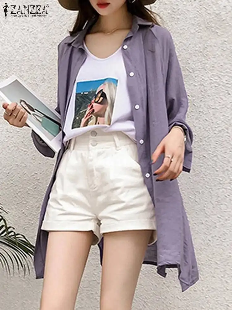 

Блузка ZANZEA Женская с длинным рукавом, Повседневная рубашка с Боковым Разрезом, модная длинная туника оверсайз с защитой от солнца, с лацканами, на лето