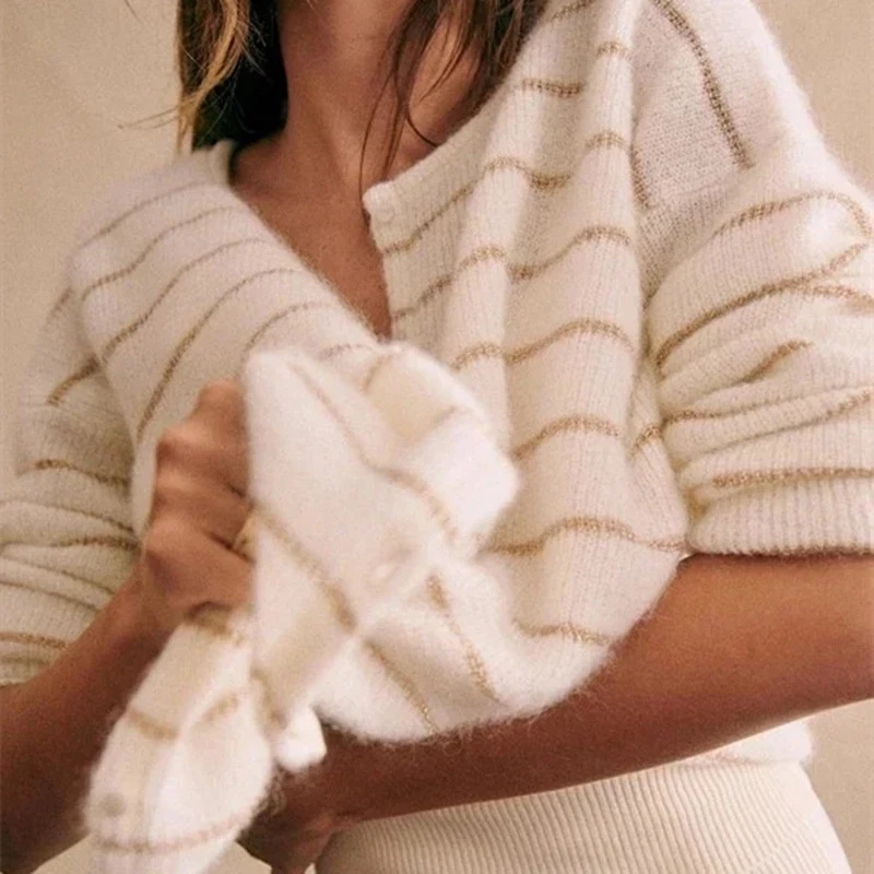 Женский мохеровый свитер в полоску трикотажный однобортный Кардиган стиле ретро