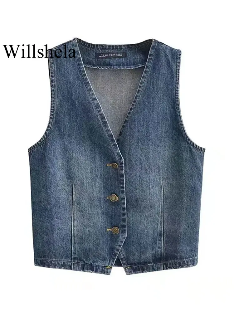 

Willshela женский модный однотонный синий джинсовый жилет с v-образным вырезом без рукавов однобортный женский шикарный Дамский джинсовый кост...