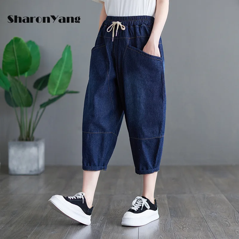 

Джинсы-Багги женские с завышенной талией, винтажные Брюки-Капри из денима, мешковатые джинсы, большие размеры, на лето