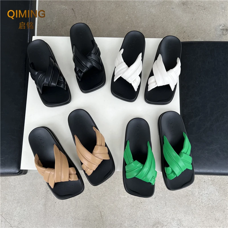 Ladies Home Slippers Women Slides Summer Cross Woven Sandals Square Head Fashion Outer Beach Shoes Woman Flip Flops Indoor Shoes