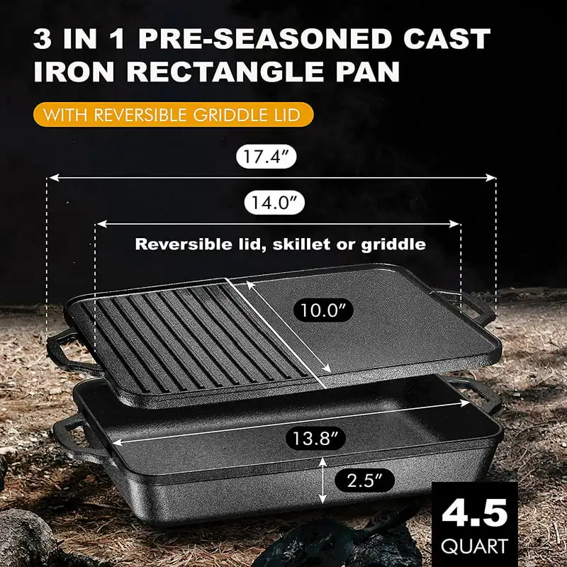 

3-In-1 Pre-Seasoned Cast Iron Rectangle Pan With With Reversible