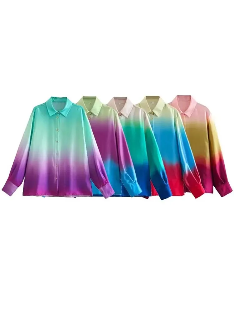 

ZBZA Tie Dye Top Women Shirt 2023 New Fashion Print Button up Blouses for Women Long Sleeve Casual Female Shirts Tops