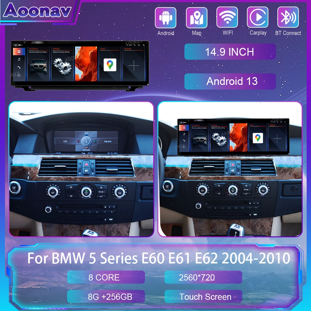 

Автомобильный радиоприемник 14,9 дюймов Android 13 для BMW 5 серии E60 E61 E62 2004-2010, GPS-навигация, мультимедийный стерео проигрыватель Carplay, головное устройство