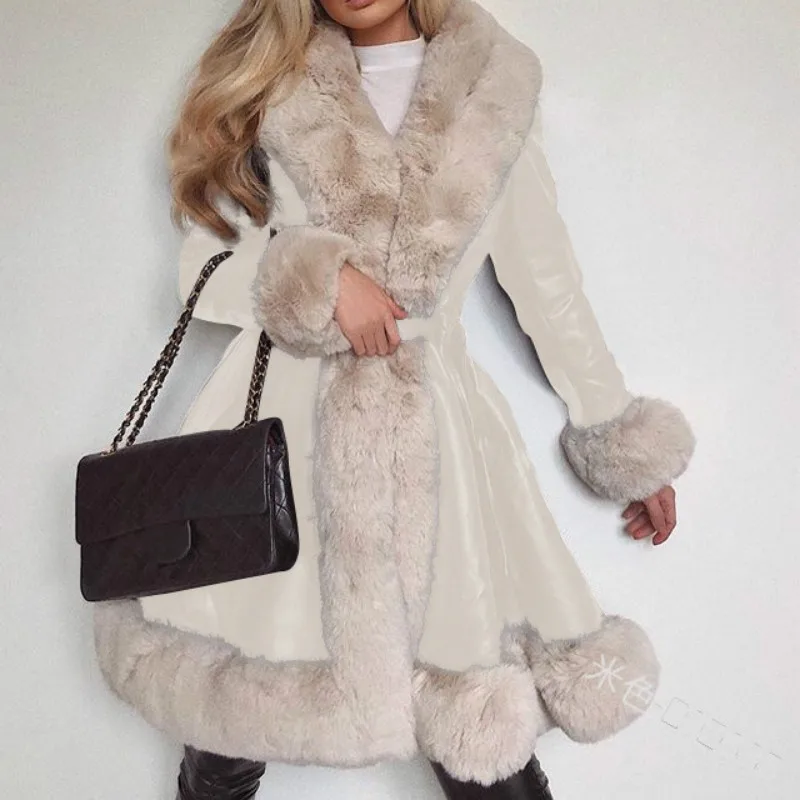 Winter PU Leather Jackets Women Fashion Tie Belt Waist Short Coats Women Elegant Side Pockets Warm Faux Fur Jackets Female Lady
