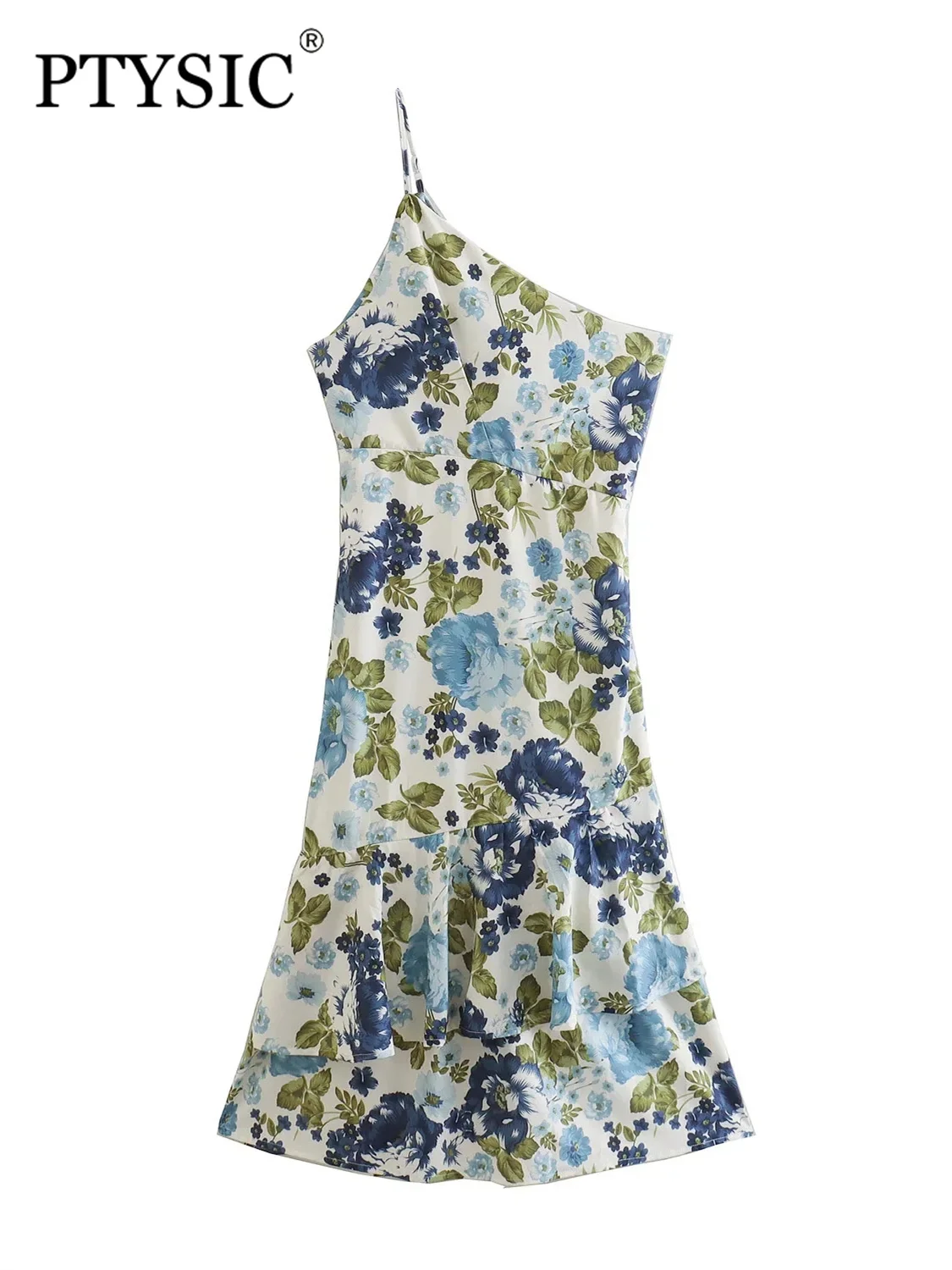 

PTYSIC Women Fashion Floral Print Asymmetrical Belt Camisole Dress 2022 New Empire Waist Back Zipper Vintage Vestidos Mujur