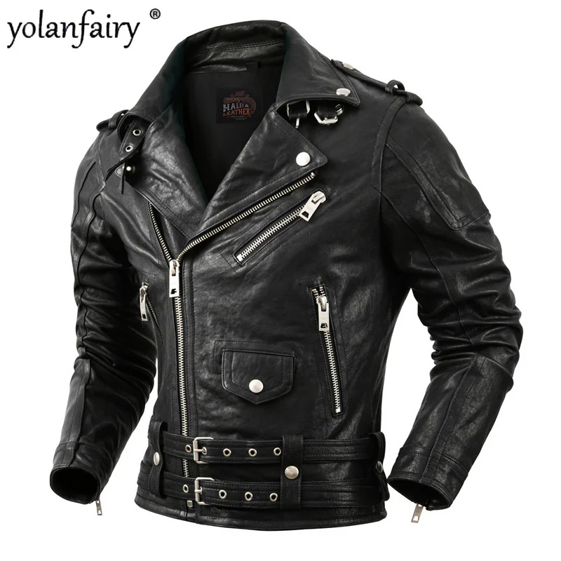 

Мужская кожаная куртка, черная короткая мотоциклетная куртка из натуральной овечьей кожи, корейская мода, осень 2023