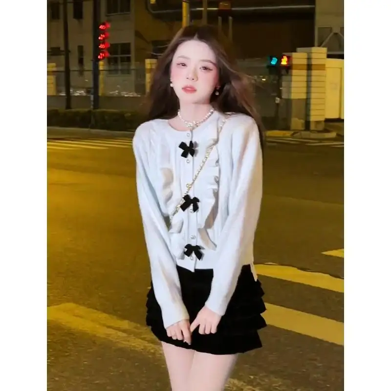 Изящный свитер с бантом во французском стиле кардиган женский осенне-зимний