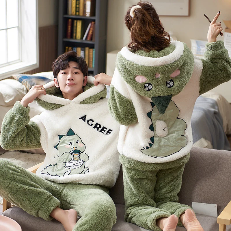Couples Pajamas Sets Women Men Winter Thicken Pyjamas Sleepwear Cartoon Dinosaur Korean Lovers Homewear Soft Warm Pijama Hoodies